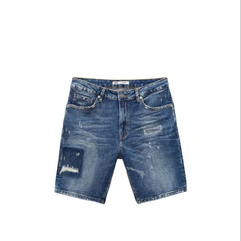 ZARA RIPPED DENIM BERMUDA SHORTS WITH PAINT SPLATTER BLUE SIZE 36 6855/330/405